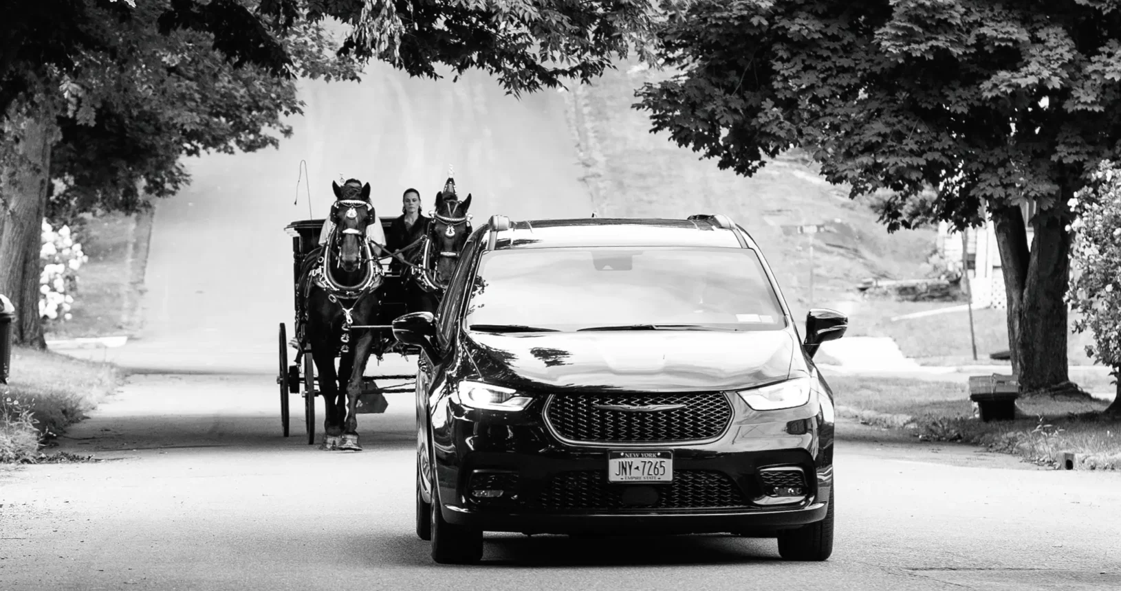 Car moving ahead of Horse-drawn vehicle